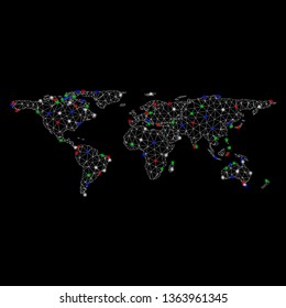 Bright mesh world map with lightspot effect. Wire carcass polygonal network in vector format on a black background. Abstract 2d mesh designed with polygonal grid, dots, colored light spots.