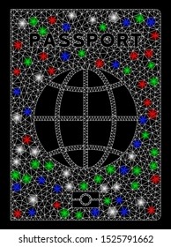 Bright mesh world passport with glow effect. White wire carcass polygonal mesh in vector format on a black background. Abstract 2d mesh designed with polygonal grid, points, colored light spots.