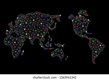 Bright mesh worldwide map with glare effect. Wire frame polygonal network in vector format on a black background. Abstract 2d mesh designed with polygonal grid, round dots, colored glare spots.