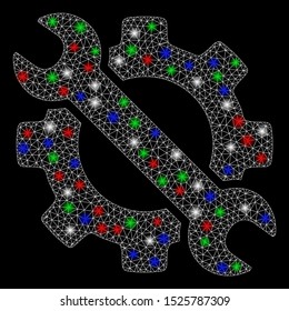 Bright mesh wrench and gear setup tools with glow effect. White wire carcass triangular network in vector format on a black background. Abstract 2d mesh designed with triangular lines, round dots,