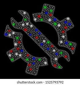 Bright mesh wrench and gear tools with lightspot effect. White wire frame polygonal mesh in vector format on a black background. Abstract 2d mesh created from polygonal grid, spheric points,