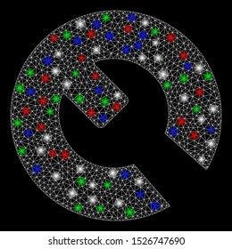 Bright mesh wrench with glare effect. White wire carcass polygonal mesh in vector format on a black background. Abstract 2d mesh designed with polygonal grid, points, colorful glare spots.