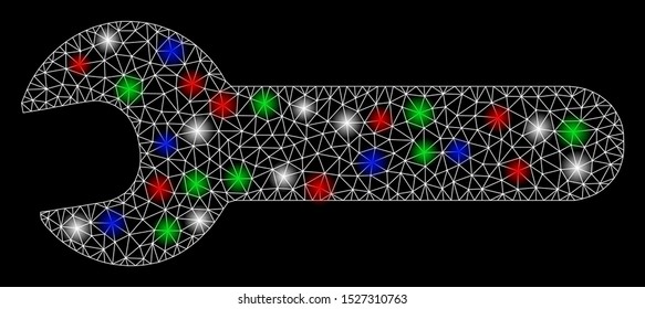 Bright mesh wrench with glare effect. White wire frame triangular mesh in vector format on a black background. Abstract 2d mesh built from triangular lines, round dots, colored glare spots.