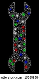 Bright mesh wrench with glare effect. White wire carcass polygonal mesh in vector format on a black background. Abstract 2d mesh built from polygonal grid, small circle, colorful flash spots.
