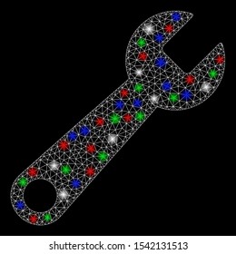Bright mesh wrench with glare effect. White wire carcass triangular mesh in vector format on a black background. Abstract 2d mesh designed with triangular lines, round dots, colored flare spots.