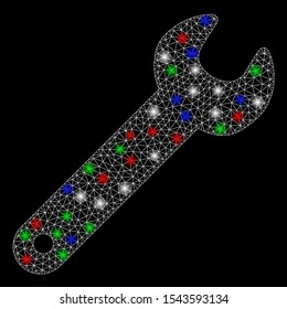 Bright mesh wrench with glare effect. White wire frame polygonal mesh in vector format on a black background. Abstract 2d mesh designed with triangles, spheric points, colored glare spots.