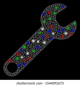 Bright mesh wrench with glare effect. White wire carcass polygonal mesh in vector format on a black background. Abstract 2d mesh designed with triangles, points, colorful glare spots.