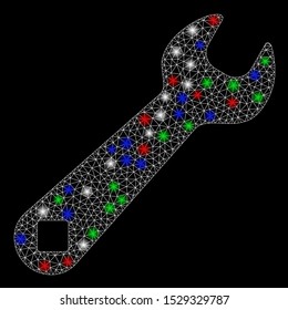 Bright mesh wrench with glow effect. White wire frame polygonal mesh in vector format on a black background. Abstract 2d mesh built from polygonal grid, points, colorful flash spots.