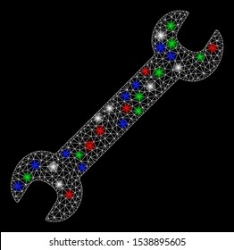 Bright mesh wrench with glow effect. White wire carcass polygonal network in vector format on a black background. Abstract 2d mesh designed with polygonal grid, round dots, colored light spots.