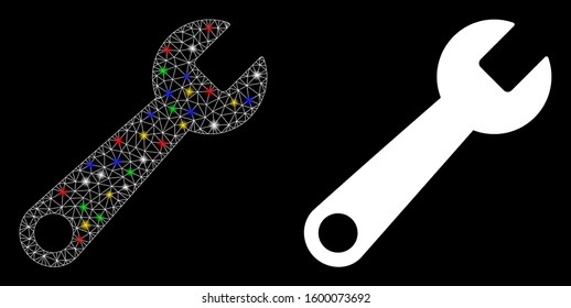 Bright mesh wrench icon with glitter effect. Abstract illuminated model of wrench. Shiny wire carcass polygonal mesh wrench icon. Vector abstraction on a black background.