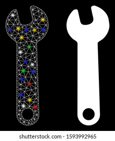 Bright mesh wrench icon with sparkle effect. Abstract illuminated model of wrench. Shiny wire carcass triangular mesh wrench icon. Vector abstraction on a black background.