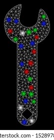 Bright mesh wrench with lightspot effect. White wire carcass triangular network in vector format on a black background. Abstract 2d mesh designed with triangular lines, points, colored light spots.