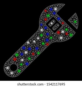 Bright mesh wrench with lightspot effect. White wire carcass triangular network in vector format on a black background. Abstract 2d mesh designed with triangular lines, points, colored flash spots.