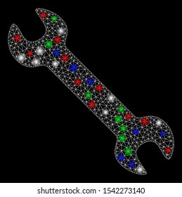 Bright mesh wrench with lightspot effect. White wire carcass triangular network in vector format on a black background. Abstract 2d mesh designed with triangular lines, points, colored light spots.