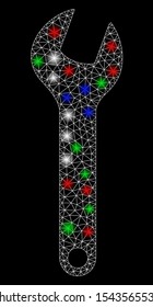 Bright mesh wrench with lightspot effect. White wire frame triangular mesh in vector format on a black background. Abstract 2d mesh designed with triangular lines, spheric points, colored flash spots.