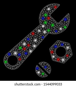 Bright mesh wrench and nuts with glow effect. White wire frame polygonal mesh in vector format on a black background. Abstract 2d mesh designed with triangles, small circle, colored flare spots.