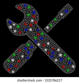 Bright mesh wrench and screwdriver tools with glare effect. White wire carcass polygonal mesh in vector format on a black background. Abstract 2d mesh built from polygonal grid, small circle,