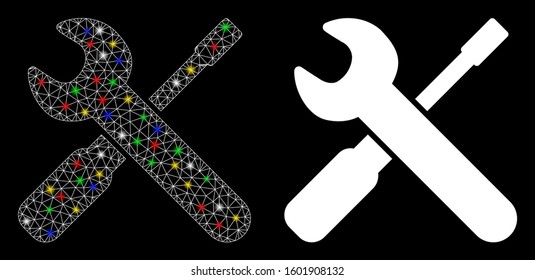 Bright mesh wrench and screwdriver tools icon with lightspot effect. Abstract illuminated model of wrench and screwdriver tools. Shiny wire carcass triangular mesh wrench and screwdriver tools icon.