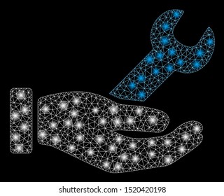 Bright mesh wrench service hand with sparkle effect. Abstract illuminated model of wrench service hand icon. Shiny wire carcass polygonal mesh wrench service hand.
