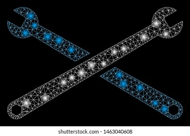 Bright mesh wrenches with glitter effect. Abstract illuminated model of wrenches icon. Shiny wire frame triangular mesh wrenches. Vector abstraction on a black background.