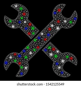 Bright mesh wrenches with lightspot effect. White wire carcass polygonal mesh in vector format on a black background. Abstract 2d mesh designed with polygonal grid, small circle, colorful flash spots.