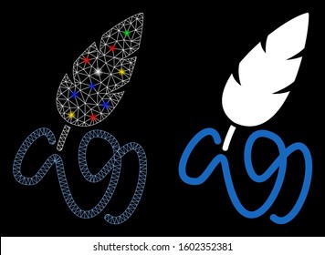 Bright mesh writing feather icon with glitter effect. Abstract illuminated model of writing feather. Shiny wire carcass polygonal mesh writing feather icon. Vector abstraction on a black background.