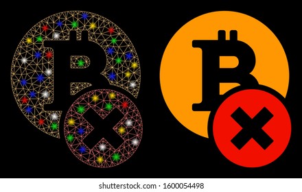 Bright mesh wrong Bitcoin icon with sparkle effect. Abstract illuminated model of wrong Bitcoin. Shiny wire frame triangular mesh wrong Bitcoin icon. Vector abstraction on a black background.
