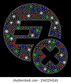 Bright mesh wrong Dashcoin with glare effect. White wire frame polygonal mesh in vector format on a black background. Abstract 2d mesh created from polygonal grid, spheric points, colored glare spots.