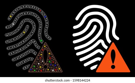 Bright mesh wrong fingerprint icon with glitter effect. Abstract illuminated model of wrong fingerprint. Shiny wire carcass polygonal mesh wrong fingerprint icon.