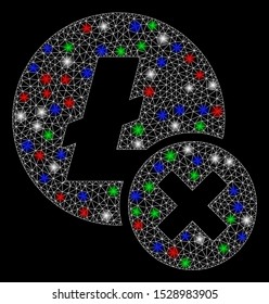 Bright mesh wrong Litecoin with glow effect. White wire carcass polygonal network in vector format on a black background. Abstract 2d mesh designed with polygonal grid, dots, colored flash spots.