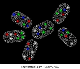 Bright mesh yeast with glow effect. White wire carcass polygonal mesh in vector format on a black background. Abstract 2d mesh built from polygonal grid, points, colored flash spots.