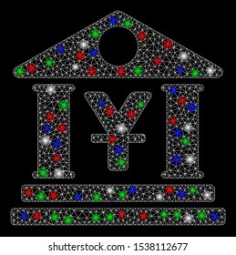 Bright mesh yen bank building with glare effect. White wire carcass triangular network in vector format on a black background. Abstract 2d mesh built from triangular lines, dots, colorful glare spots.