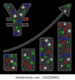 Bright mesh yen growth graph with lightspot effect. White wire carcass triangular mesh in vector format on a black background. Abstract 2d mesh designed with triangular lines, dots,