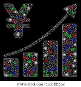 Bright mesh yen growth trend with lightspot effect. White wire frame triangular mesh in vector format on a black background. Abstract 2d mesh built from triangular lines, dots, colored glare spots.