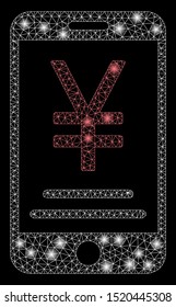 Bright mesh yen mobile payment with glare effect. Abstract illuminated model of yen mobile payment icon. Shiny wire frame polygonal mesh yen mobile payment. Vector abstraction on a black background.