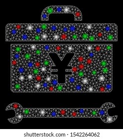 Bright mesh yen toolbox with glow effect. White wire carcass triangular mesh in vector format on a black background. Abstract 2d mesh built from triangular lines, spheric points, colored glare spots.