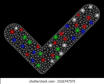 Bright mesh yes with glare effect. White wire frame triangular mesh in vector format on a black background. Abstract 2d mesh designed with triangular lines, round dots, colored flare spots.