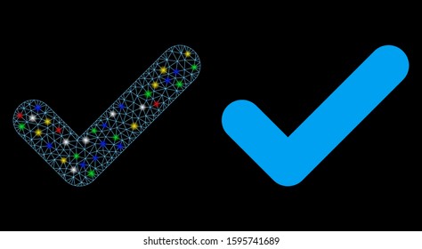 Bright mesh yes icon with sparkle effect. Abstract illuminated model of yes. Shiny wire frame triangular mesh yes icon. Vector abstraction on a black background.
