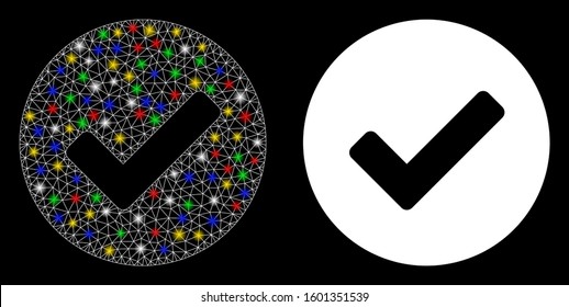 Bright mesh yes tick icon with glare effect. Abstract illuminated model of yes tick. Shiny wire frame triangular mesh yes tick icon. Vector abstraction on a black background.