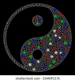 Bright mesh yin yang with glow effect. White wire frame polygonal mesh in vector format on a black background. Abstract 2d mesh designed with polygonal grid, points, colored flare spots.