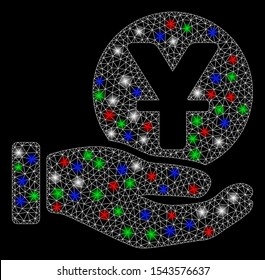 Bright mesh yuan coin payment hand with glow effect. White wire carcass triangular mesh in vector format on a black background. Abstract 2d mesh designed with triangular lines, round dots,