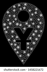Bright mesh yuan map marker with lightspot effect. Abstract illuminated model of yuan map marker icon. Shiny wire frame polygonal mesh yuan map marker. Vector abstraction on a black background.