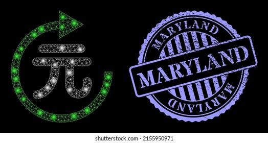 Bright mesh yuan repay with light spots, and Maryland blue round textured seal. Vector frame based on yuan repay icon. Illuminated frame mesh yuan repay.