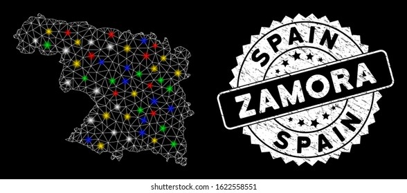 Bright mesh Zamora Province map with glow effect, and seal. Wire frame polygonal Zamora Province map mesh in vector format on a black background. White round seal stamp with scratched textures.