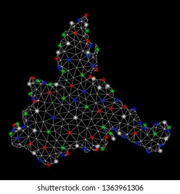 Bright mesh Zaragoza Province map with glow effect. Wire frame polygonal mesh in vector format on a black background. Abstract 2d mesh designed with polygonal grid, round dots, colored glare spots.