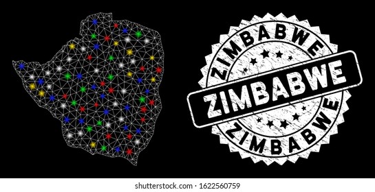 Bright mesh Zimbabwe map with glare effect, and seal stamp. Wire frame triangular Zimbabwe map network in vector format on a black background. White round seal stamp with scratched surface.