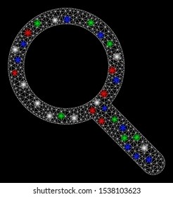 Bright mesh zoom with lightspot effect. White wire carcass polygonal mesh in vector format on a black background. Abstract 2d mesh designed with triangular lines, points, colorful glare spots.