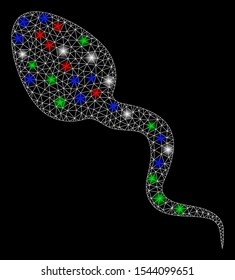 Bright mesh zoosperm with glare effect. White wire carcass triangular mesh in vector format on a black background. Abstract 2d mesh designed with triangular lines, small circle, colored flash spots.