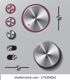 Bright metal buttons and dials with red led light set. 