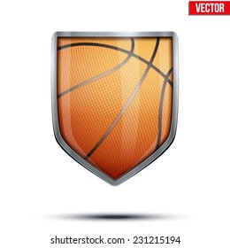 Bright metallic shield in the basketball ball inside. Editable Vector Illustration isolated on white background.